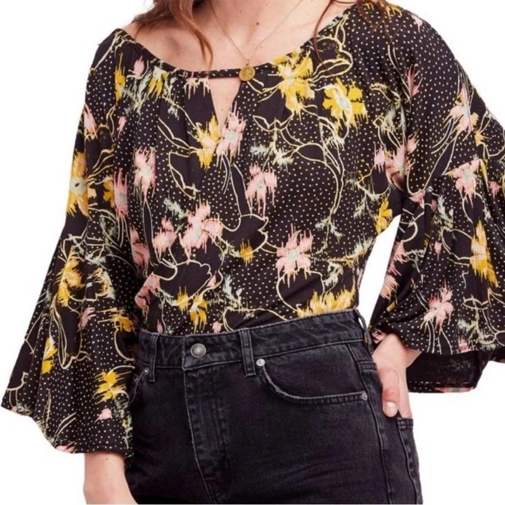 FREE PEOPLE One Last Time Bellsleeve Floral Cropped Boho Wrap Blouse Top - Picture 3 of 12